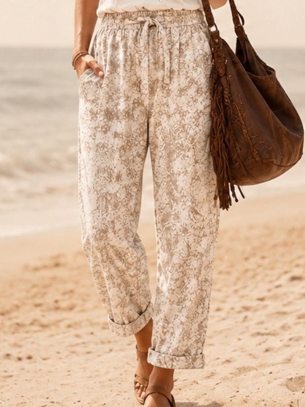 Casual Chic Resort Wear Old Money Linen Blend Wide Leg Pull On Pants, Sz XL